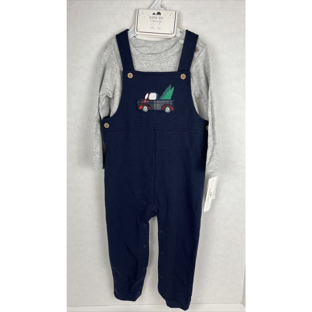 Bloomin Baby Toddler 2 Piece Set Bodysuit Overall 24M Christmas Truck Blue Gray